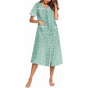 Ekouaer Womens Snap Front Dusters Cotton Housecoat Short Sleeve Nightgown House Dress With Pockets