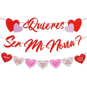 QUIERES SER MI NOVIA Banner, Glitter Red and Pink Will You Be My Girlfriend Spanish Alphabet Letters Banner for Happy Valentine’s Day Party Decoration and Will You Be My Valentine Romantic Party Supplies
