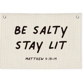 Be Salty Stay Lit Bible Verse Banner, Christian Linen Canvas Banner Wall Hanging Flag, Matthew 5:13-14 Scripture Farmhouse Decor for Home Bedroom 20x30