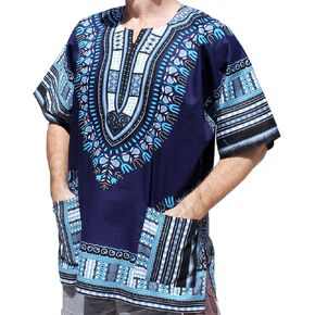 قميص Raanpahmuang Dashiki الحرية الأفريقية بأكمام قصيرة بألوان نابضة بالحياة- منتصف الليل الأزرق SZ 7XL