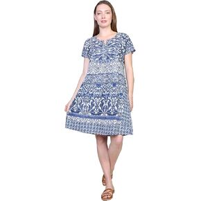 LA CERA Women's Short Sleeve Indigo Print Cotton Chemise, 100% Cotton, Pull On, Indigo Border Print, Scoop V Neckline