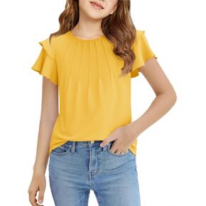 Haloumoning Girls Pleated Ruffle Short Sleeve Shirts Kids Summer Crewneck T-Shirts Fashion Tops Tees 5-14 Years