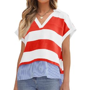 Tankaneo Womens Ruffle Sleeve Striped T Shirts Summer Crew Neck Color Block Tops Casual Loose Fit Tees