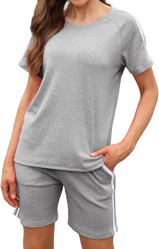 Women's Two-Piece Summer Outfits Round Neck Top Elastic Waist and Pocket Casual Tracksuit Sets Lounge Shorts Sets in Saudi Arabia