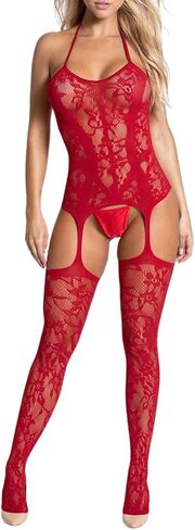 Women Fishnet Bodystocking Sexy Halter Tie Mesh Lingerie Bodysuit Sleeveless Nightwear+Attached Garter Stockings in Saudi Arabia