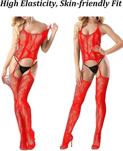 Women Fishnet Bodystocking Sexy Halter Tie Mesh Lingerie Bodysuit Sleeveless Nightwear+Attached Garter Stockings in Saudi Arabia