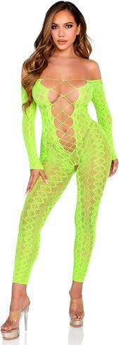Leg Avenue womens Python Net Crotchless Footless Lingerie Jumpsuit With Faux Lace Up Detail in Saudi Arabia