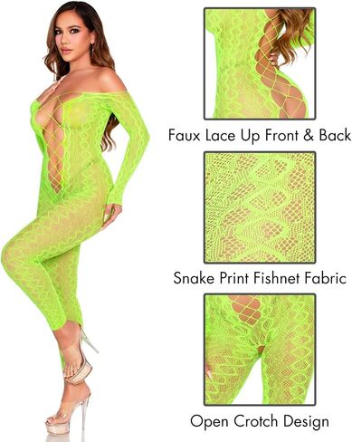 Leg Avenue womens Python Net Crotchless Footless Lingerie Jumpsuit With Faux Lace Up Detail in Saudi Arabia