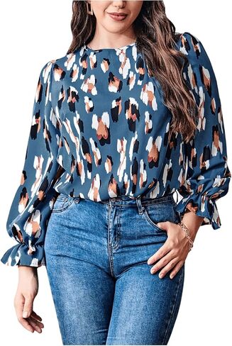OYOANGLE Women's Plus Size Allover Print Lantern Long Sleeve Blouse Casual Business Shirt Tops Teal Blue 2XL in Saudi Arabia