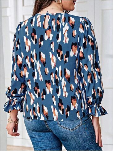OYOANGLE Women's Plus Size Allover Print Lantern Long Sleeve Blouse Casual Business Shirt Tops Teal Blue 2XL in Saudi Arabia