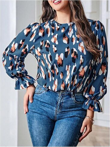 OYOANGLE Women's Plus Size Allover Print Lantern Long Sleeve Blouse Casual Business Shirt Tops Teal Blue 2XL in Saudi Arabia