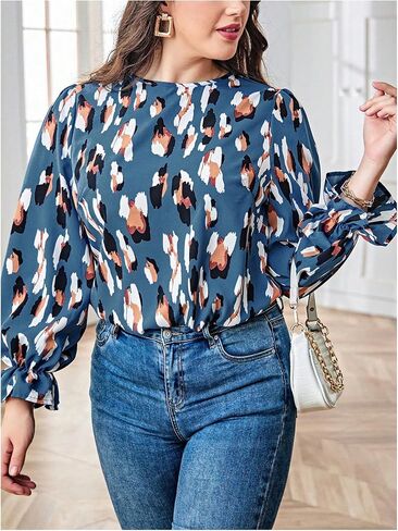 OYOANGLE Women's Plus Size Allover Print Lantern Long Sleeve Blouse Casual Business Shirt Tops Teal Blue 2XL in Saudi Arabia