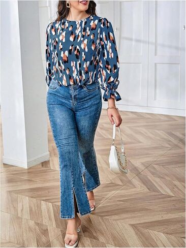 OYOANGLE Women's Plus Size Allover Print Lantern Long Sleeve Blouse Casual Business Shirt Tops Teal Blue 2XL in Saudi Arabia
