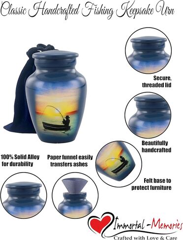 Fishing Keepsake Urn - Fishing Mini Cremation Urn - Gone Fishing Token Urns - Fisherman Funeral and Memorial Sharing Urns for Human Ashes with Premium Box, Bag & Funnel (Keepsake) in Saudi Arabia