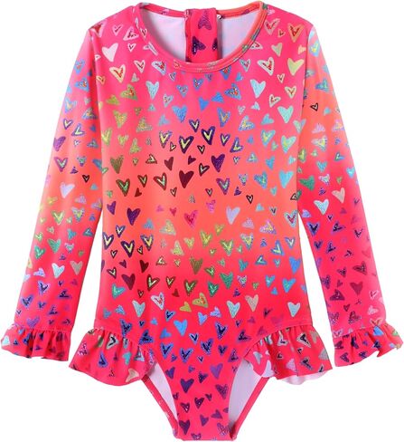 Toddler Girls Long Sleeve Swimsuit One Piece Ruffle Zipper Rash Guard Bathing Suit UPF 50+ Kid Swimwear 1-6 Years in Saudi Arabia