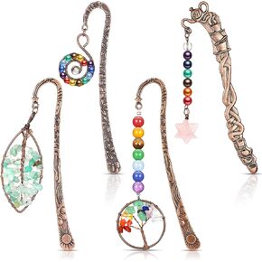 4 Pcs 7 Chakra Crystal Bookmark Antique Copper Metal Beading Healing Stone Vintage Bookmarks Tumbled Gemstones Book Markers for Student Office Birthday Present(Fresh Style)