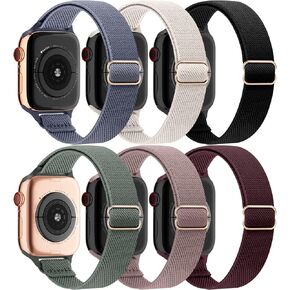 EOMTAM 6 Pack Slim Stretchy Compatible for Apple Watch Band 38mm 40mm 41mm 42mm 44mm 45mm Women,Lady Nylon Thin Elastics Wristbands Solo Loop Straps for iWatch Series 8 7 6 SE 5 4 3