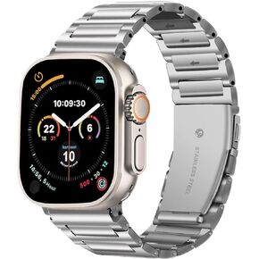 MOSISO Metal Band for Men Women Compatible with Apple Watch Band 49mm 45mm 44mm 42mm, Replacement Metal Watch Strap with Double Button Clasp for iWatch Series 9 8 7 6 5 4 3 2 1 SE Ultra, Sliver