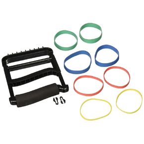 Rolyan Ergonomic Hand Exerciser with Padded Handle, Adjustable Squeeze Tool, 4 Pairs of Rubber Bands for Progressive Resistance, Improves Hand Grip Strength in Fingers, Hand, & Thumb, Black