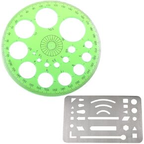 2IN1 Stainless Steel 27 Patterns Erasing Drawing Drafting Tool Shield and 360 Degree Protractor and Circle Maker Kit
