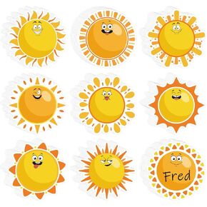 135Pcs Sun Name Tag Stickers Cartoon Sun Shape Nameplate Stickers Funny Classroom Bulletin Board Label Decals for Back to School Desk Wall Message Board, 9 Designs