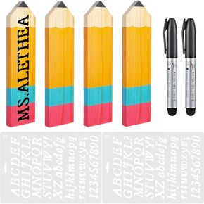 Zonon 8 Pieces Personalized Pencil Name Plate Blank Wooden Desk Sign with Marker Pen and English Letter Template Teacher Appreciation Presents for Classroom School Wood Decor Christmas Party Supplies