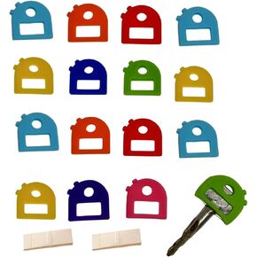 Key Caps Tags - Stretchy All-in-One Key Cover & Tags - ONE Size FITS Most Keys - 16 Pack Multicolor - Includes Blank Labels and Printed Labels - Key Covers