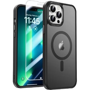 LUHOURI Enhanced Magnetic for iPhone 13 Pro Max Case with Screen Protector - Wireless Charging Compatible, 21ft Military-Grade Drop Tested, Slim Fit Shockproof Translucent Matte Cover - Black