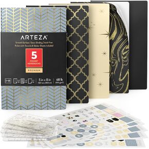 ARTEZA Pocket Notebooks, 5 x 8 Inches, Set of 5, 40 Sheets Each, Butterfly Designs, 2 Dotted, 2 Ruled and 1 Blank Softcover Journal with Smooth Paper