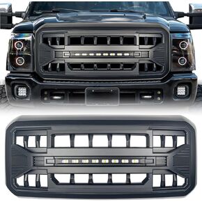 Front Grille Compatible with 2011-2016 F250 F350 F450 F550 Super Duty, Matte Black Front Bumper Grill Guard w/Off-Road Lights