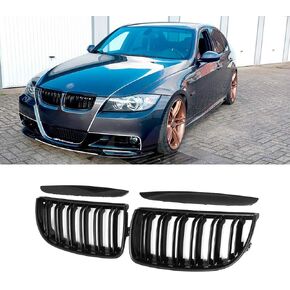 LDG E90 Front Grille for E90 E91 2004-2008 3 Series Pre-facelift, ABS Gloss Black Kidney Grill, 4pcs set (Dual Slats-Gloss Black)