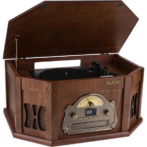 Boytone BT-25MB 8-in-1 Natural Wood Classic Turntable Stereo System with Bluetooth Connection, Vinyl Record Player, AM/FM, CD, Cassette, USB, SD Slot. 2 Built-in Speakers, Remote Control, MP3 Player