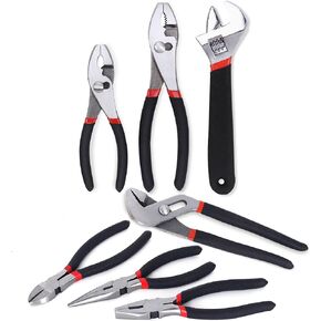 FASTPRO 7-Piece Utility Pliers and Wrench Set, Includes Slip Joint Pliers, Long Nose Pliers, Diagonal Pliers, Groove Joint Pliers, Linesman Pliers and Adjustable Wrench, Dipped Handle