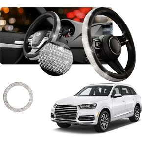 Steering Wheel Cover, Bling Crystal Rhinestones Auto Wheel Protector, Sparkly Car Interior Accessories Universal Fit Diverse 14.5-15 inch Cars, with Start Stop Button Cover (White)