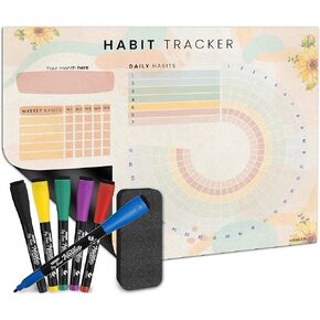 Habit Tracker Journal Workout Motivation Fridge Calendar Dry Erase 13" X 17" Magnet Health Fitness Goal Tracker Goals Board - With Shopping Grocery List - 6 Markers Included