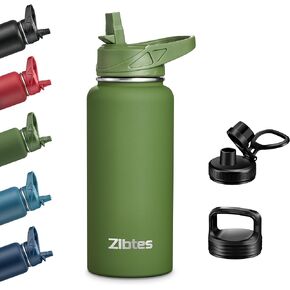 Zibtes 40 oz Insulated Water Bottle With Straw,3 Lids(Flip, Spout and Handle Lid), Stainless Steel Leak Proof Sports Water Flask, Double Walled Vacuum Metal Water Bottle (Army Green)