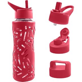 Top&Top 25oz Glass Water Bottles with Straw Cap – Wide Mouth Sports Water Bottles with Protective Silicone Sleeve + 3 Reusable Different Leak-Proof Lids (BPA Free) for Fitness and Outdoor (Dark Blue)
