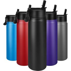 24 oz Insulated Water Bottle with Straw, Stainless Steel Double Wall Vacuum Thermos with Straw Lid Leak Proof, Wide Mouth Lid, Keep Cold and Hot…