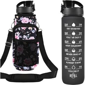 32 oz Water Bottles with Straw & Strap, Motivational Water Bottles with Times to Drink, BPA Free Reusable Sports Water Bottle with Sleeve Carrier for Hiking, Travel, Running or Fitness