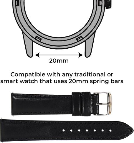 LEGACY Leather Watch Bands for Men - Top Grain Leather Watch Band Replacement Strap of Width 20mm, Compatible with Any Traditional or Smart Watch that Uses 20 mm Spring Bars - Great Gift, Black in Saudi Arabia