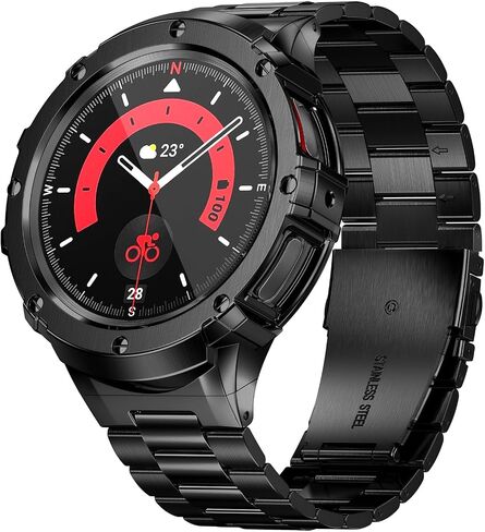 حافظة وسوار من الفولاذ المقاوم للصدأ من SUPLINK متوافق مع ساعة Samsung Galaxy Watch 6 Band 44mm/Galaxy Watch 5 Band 44mm/Galaxy Watch 4 Band 44mm، ساعة Galaxy Watch 6 5 4 الصلبة الصلبة للرجال، أسود in Saudi Arabia