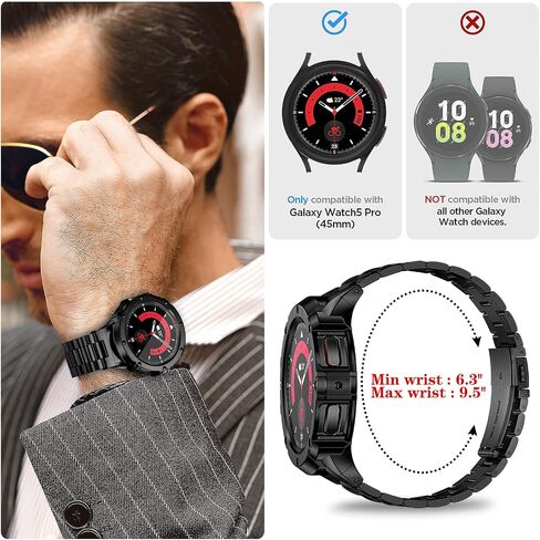 حافظة وسوار من الفولاذ المقاوم للصدأ من SUPLINK متوافق مع ساعة Samsung Galaxy Watch 6 Band 44mm/Galaxy Watch 5 Band 44mm/Galaxy Watch 4 Band 44mm، ساعة Galaxy Watch 6 5 4 الصلبة الصلبة للرجال، أسود in Saudi Arabia