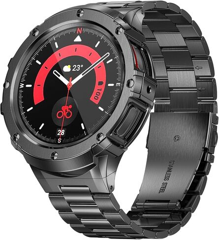 حافظة وسوار من الفولاذ المقاوم للصدأ من SUPLINK متوافق مع ساعة Samsung Galaxy Watch 6 Band 44mm/Galaxy Watch 5 Band 44mm/Galaxy Watch 4 Band 44mm، ساعة Galaxy Watch 6 5 4 الصلبة الصلبة للرجال، أسود in Saudi Arabia