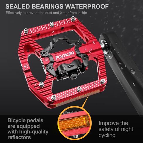 FOOKER Mountain Bike Pedals,Bicycle Pedals with Reflectors,3 Bearing Flat Platform Compatible with SPD,Dual Function Sealed Clipless Aluminum 9/16" Pedals with Cleats for Road, MTB, Mountain Bikes in Saudi Arabia