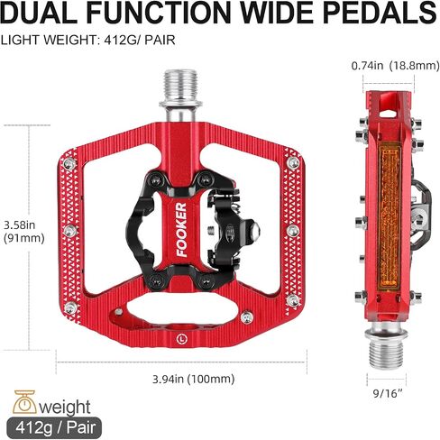 FOOKER Mountain Bike Pedals,Bicycle Pedals with Reflectors,3 Bearing Flat Platform Compatible with SPD,Dual Function Sealed Clipless Aluminum 9/16" Pedals with Cleats for Road, MTB, Mountain Bikes in Saudi Arabia