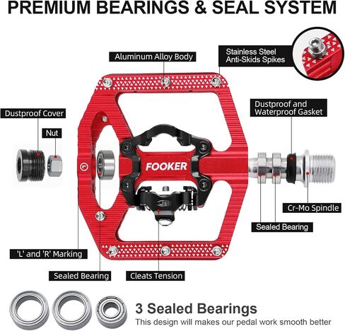FOOKER Mountain Bike Pedals,Bicycle Pedals with Reflectors,3 Bearing Flat Platform Compatible with SPD,Dual Function Sealed Clipless Aluminum 9/16" Pedals with Cleats for Road, MTB, Mountain Bikes in Saudi Arabia