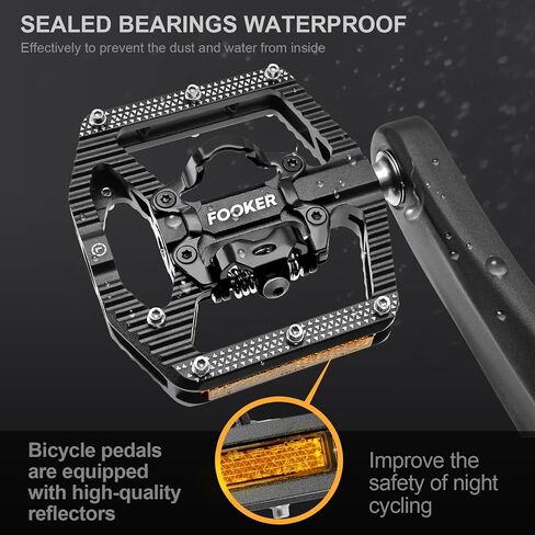 FOOKER Mountain Bike Pedals,Bicycle Pedals with Reflectors,3 Bearing Flat Platform Compatible with SPD,Dual Function Sealed Clipless Aluminum 9/16" Pedals with Cleats for Road, MTB, Mountain Bikes in Saudi Arabia