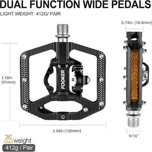 FOOKER Mountain Bike Pedals,Bicycle Pedals with Reflectors,3 Bearing Flat Platform Compatible with SPD,Dual Function Sealed Clipless Aluminum 9/16" Pedals with Cleats for Road, MTB, Mountain Bikes in Saudi Arabia