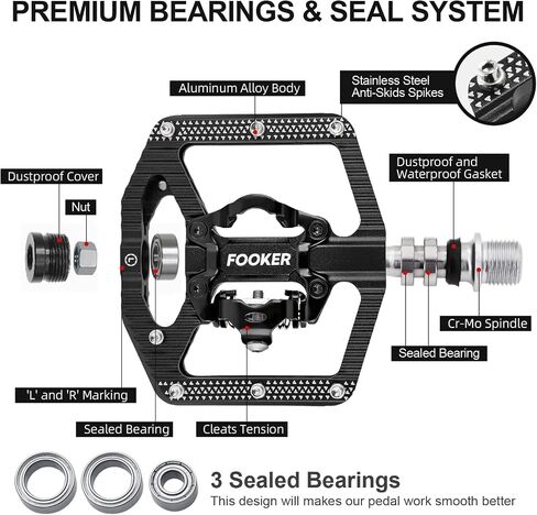 FOOKER Mountain Bike Pedals,Bicycle Pedals with Reflectors,3 Bearing Flat Platform Compatible with SPD,Dual Function Sealed Clipless Aluminum 9/16" Pedals with Cleats for Road, MTB, Mountain Bikes in Saudi Arabia