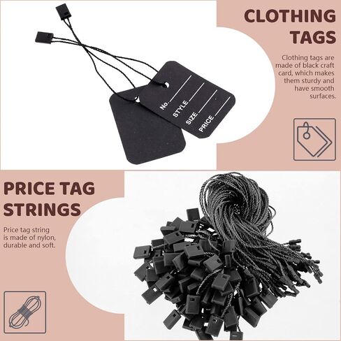 1000 Pcs 2" x 1.35" Price Tags and 7" Hang Tag String, Store Tags Clothing Tags Clothes Size Tags Coupon Tags and Nylon String Snap Lock Pin Loop Fastener Hook Ties for Clothes (Black) in Saudi Arabia